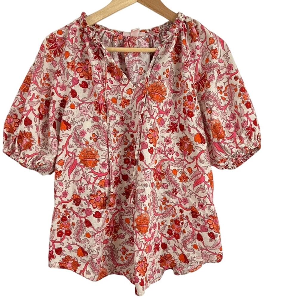 Knox Rose Floral Short Puff Sleeve Top blouse Tassels Women Size Small